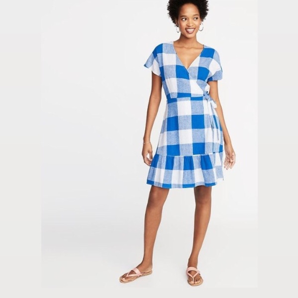 Old Navy Blue Gingham Wrap Dress Size Medium